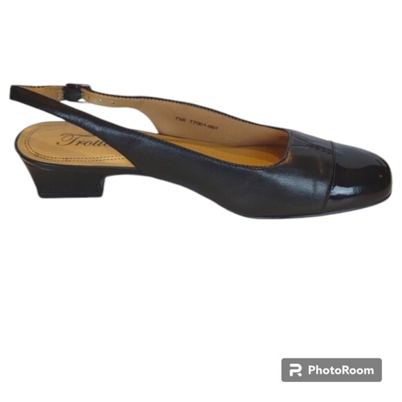 Trotters "Dea" Leather Slingback Black Black Patent Low Heel Shoe Extra Narrow - Picture 1 of 14